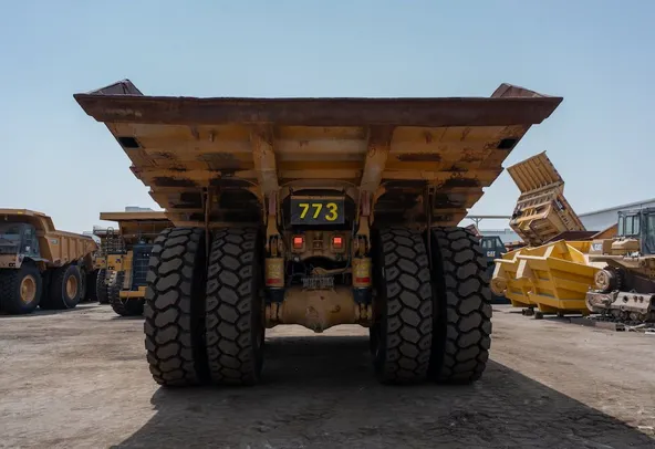 2019 Caterpillar 777E Rigid Dump Truck Rear View