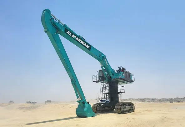 high bed excavator 85 ton front left view
