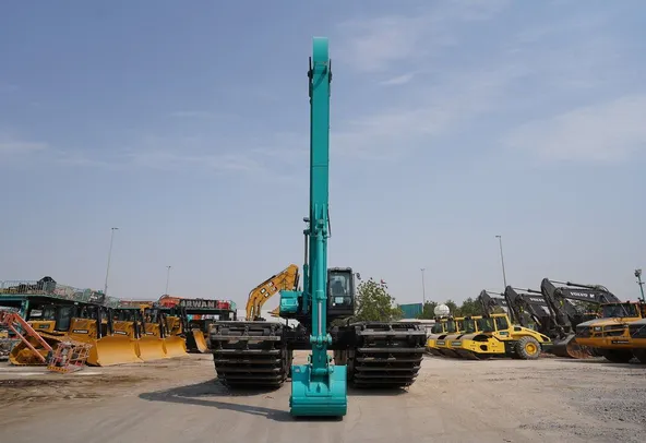 Kobelco SK380 Amphibious Long Boom Excavator  Front view