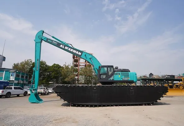 Kobelco SK380 Amphibious Long Boom Excavator left side view