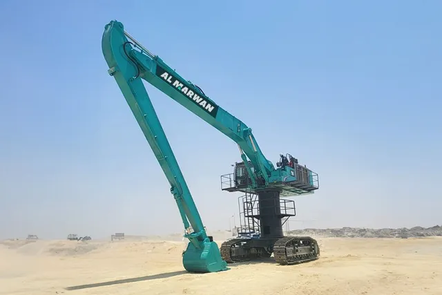 high bed excavator 85 ton front left view