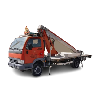 2003 Multitel 160 ALU DS Boom Lift on Nissan Cabstar Truck White Background View - LF-0058