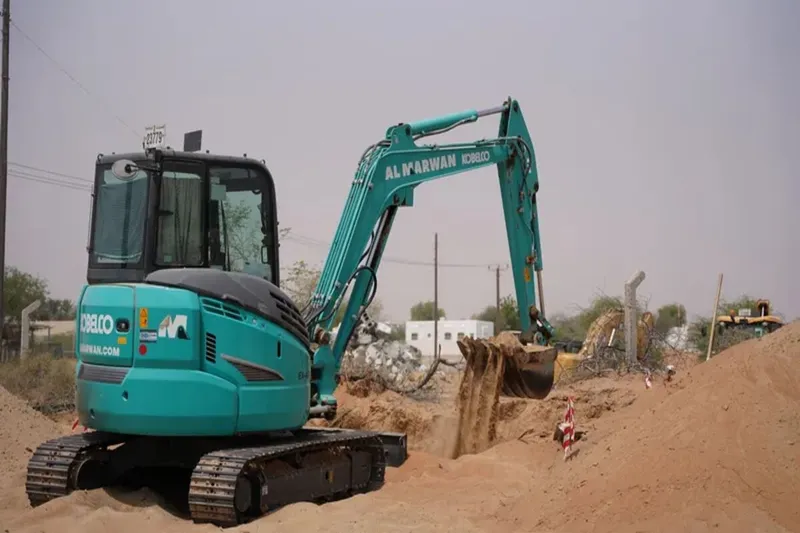 The 3-ton Kobelco SK35SR mini excavator is available for sale at Al Marwan.
