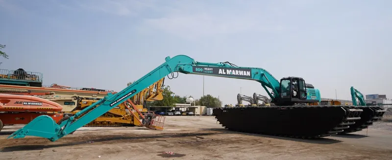 A Kobelco SK380 amphibious excavator at Al Marwan yard