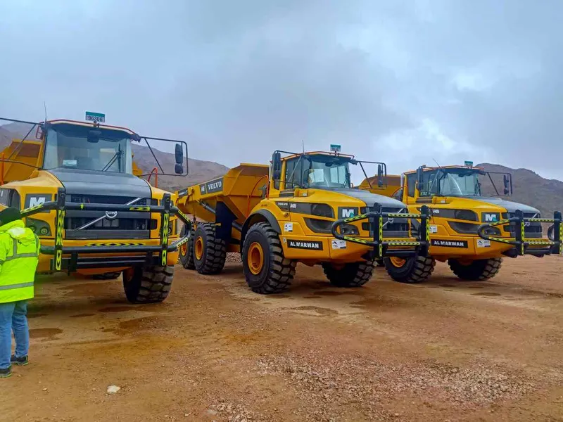 A40G ADTs on the NEOM job site as part of Al Marwan Machinery’s rental fleet
