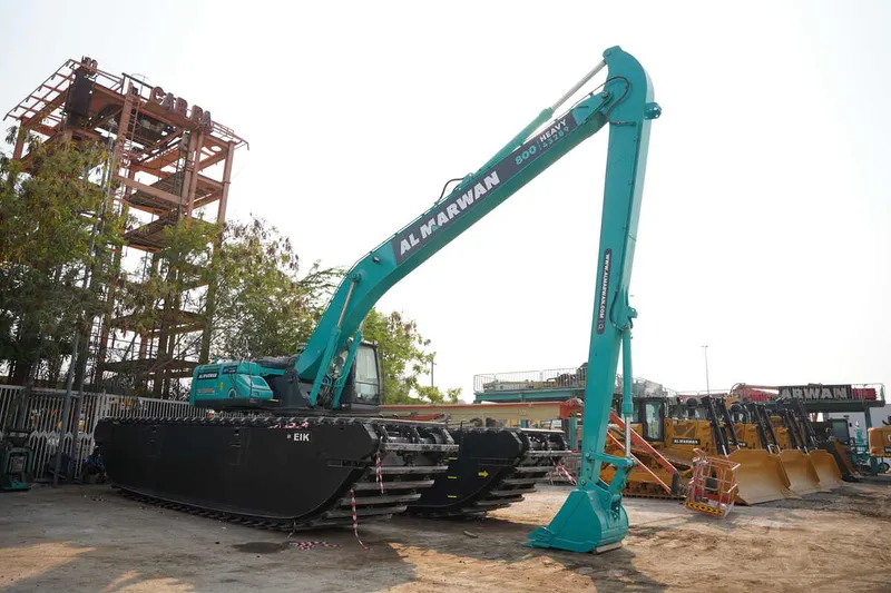A Kobelco SK380 amphibious excavator immediately available for sale at Al Marwan yard