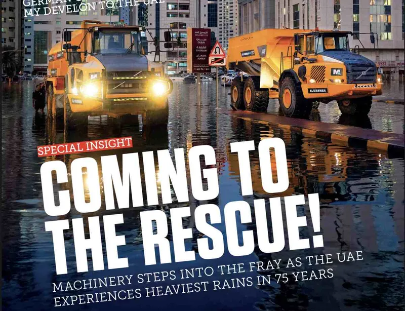 A snapshot of Al Marwan’s machinery in action during the Al Hadir storm flood relief efforts - Image courtesy of CMME May 2024 issue