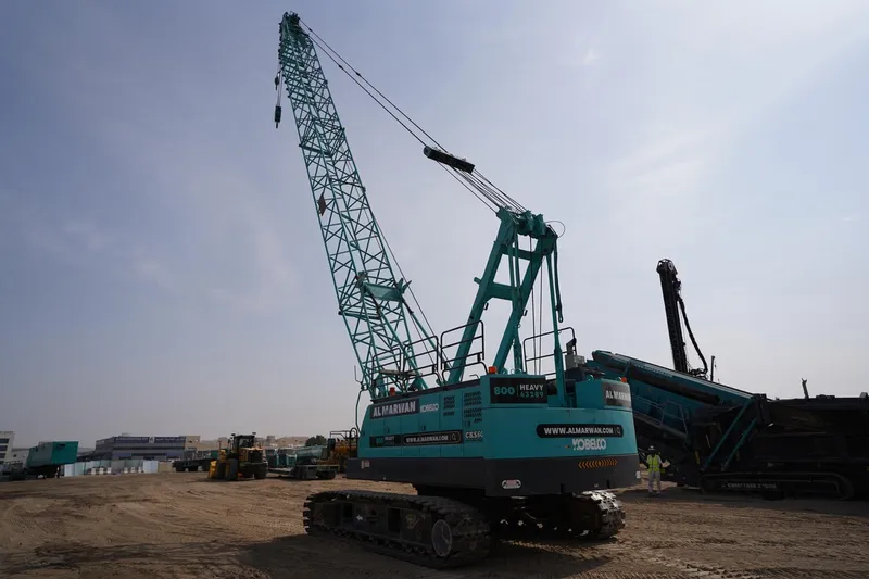 The KOBELCO CKS600 hydraulic crawler crane heavy lifting on Al Marwan Machinery's main yard in Sharjah Industrial Area 15, UAE