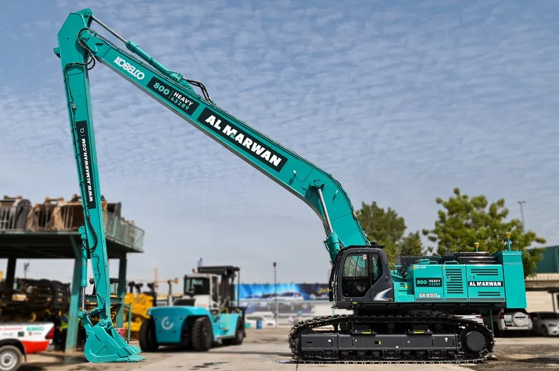A picture of the popular KOBELCO SK850LC long-boom excavator as manufactured in-house in Al Marwan Machinery's workshop