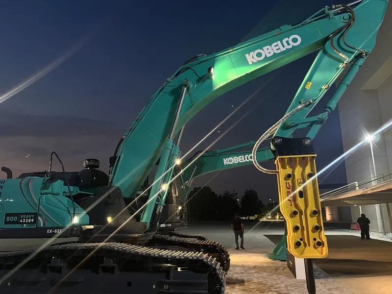 Lineup of KOBELCO excavators as showcased on Al Marwan Machinery's stand at Project Oman 2023