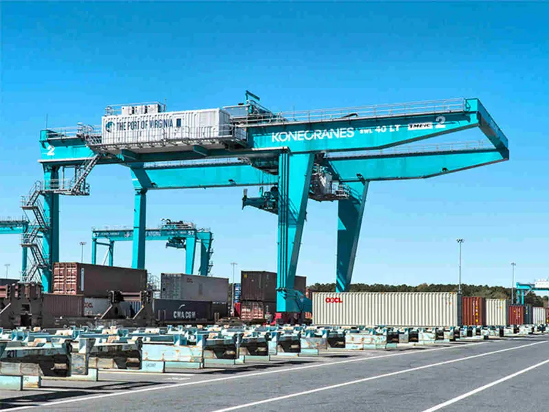 A Konecranes rail-mounted gantry crane working at the Port of Virginia - Image courtesy of Marinelog