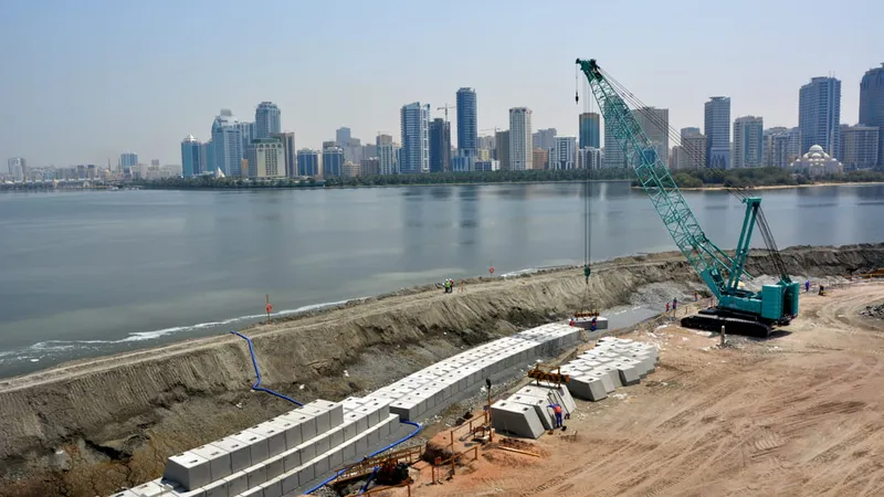 A picture of the Kobelco 7250S hydraulic crawler crane lifting marine barriers to create the edge wall on Al Majaz Island