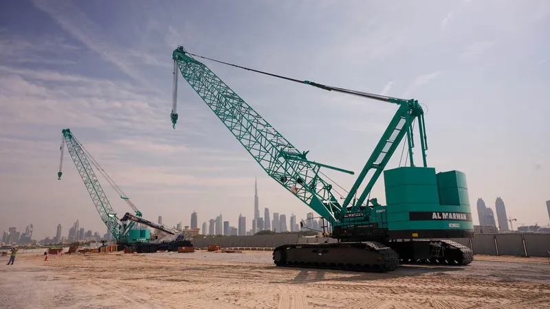 A couple of Al Marwan’s Kobelco 7250 crawler cranes on a job site
