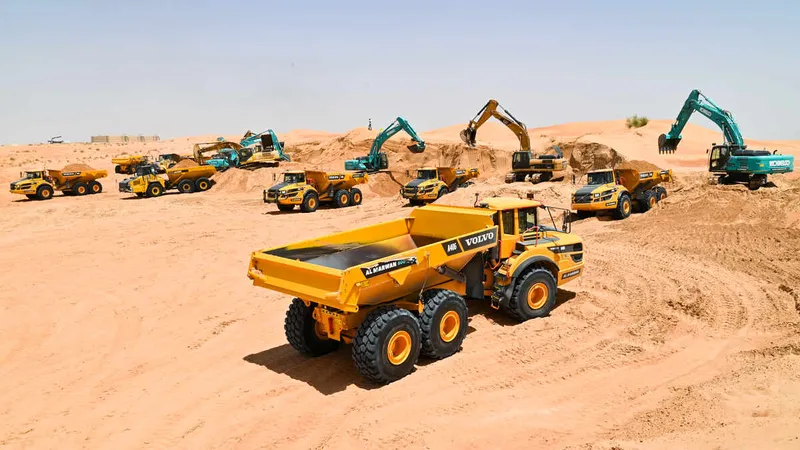 Al Marwan’s fleet of Volvo A40G dump trucks on Al Margham work site