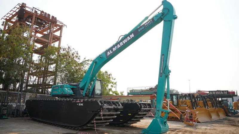 A Kobelco SK380 amphibious excavator immediately available for sale at Al Marwan yard