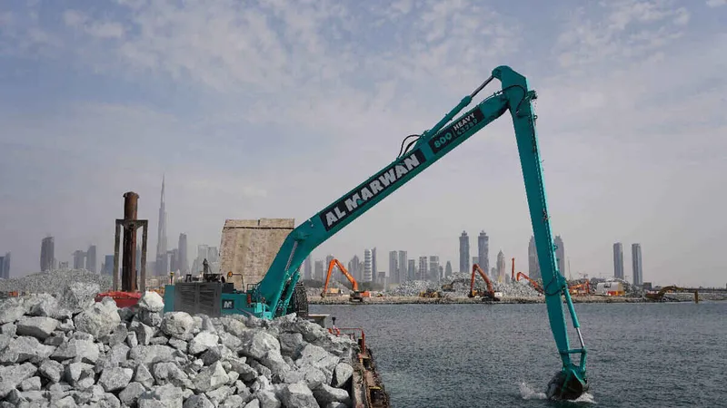 An SK850 large excavator equipped with a 26m long boom