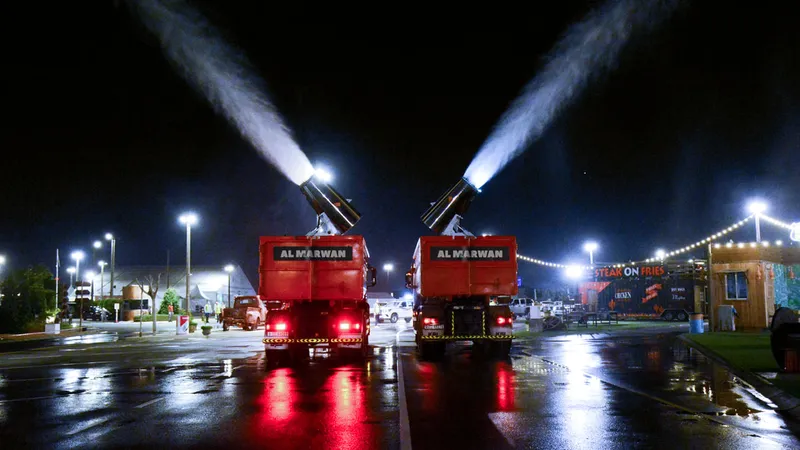 A picture of two of Al Marwan Machinery's water trucks pumping disinfectant in the streets of Dubai in the National Disinfection and Sanitization Program initiated by the Government of Dubai and Dubai Municipality