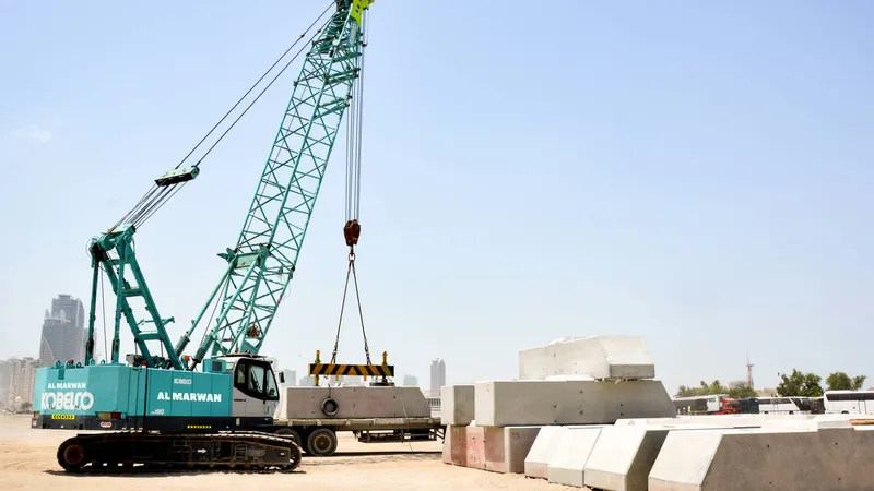 رافعة كوبلكو المجنزرة الهيدروليكية موديل CKS800 أثناء رفعها للحواجز الخرسانية في الشارقة، الإمارات.