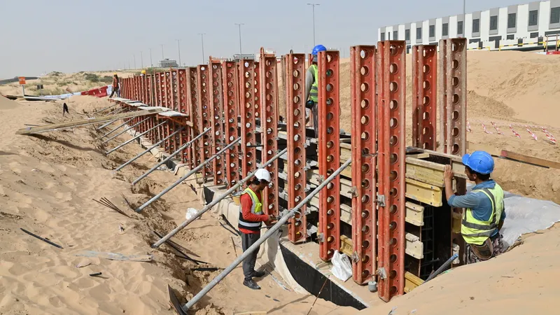 A picture of the sheet piles used to support various infrastructure zones at Masaar by Arada as implemented by Al Marwan Machinery