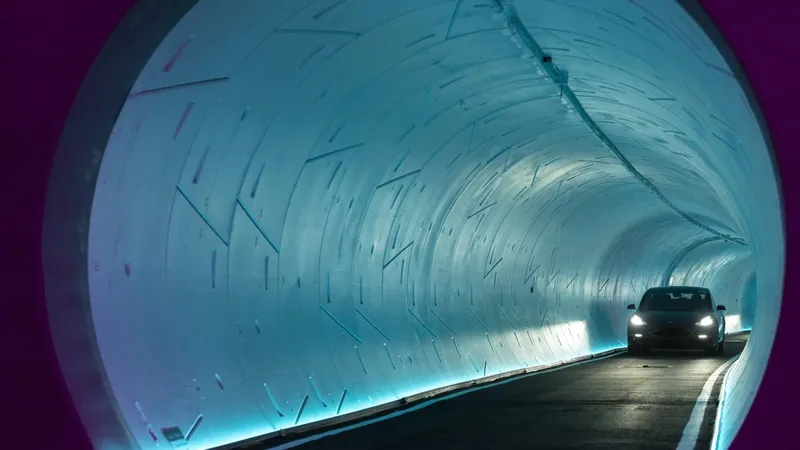 A Tesla electric vehicle passing through the underground tunnel