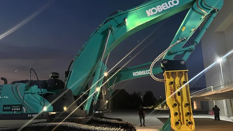 Lineup of KOBELCO excavators as showcased on Al Marwan Machinery's stand at Project Oman 2023