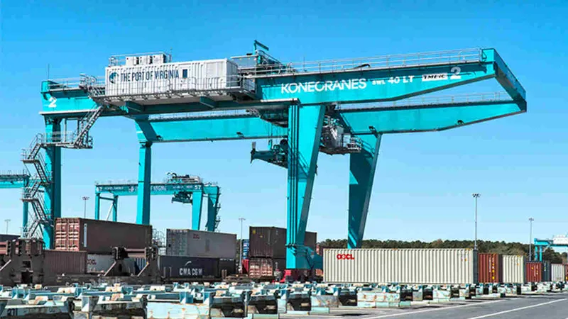 A Konecranes rail-mounted gantry crane working at the Port of Virginia - Image courtesy of Marinelog