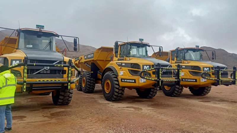 Lineup of Volvo A45G ADTs at NEOM site in Saudi Arabia