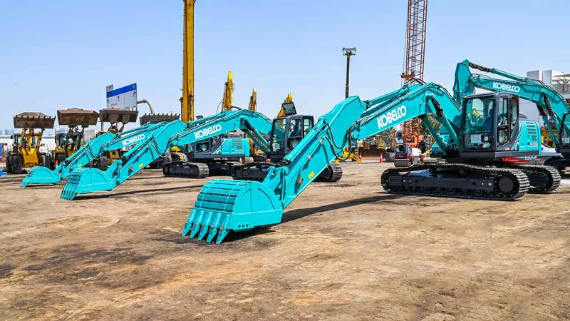 Multiple Kobelco SK220 medium 22 ton excavators at Al Marwan’s yard ready for deployment
