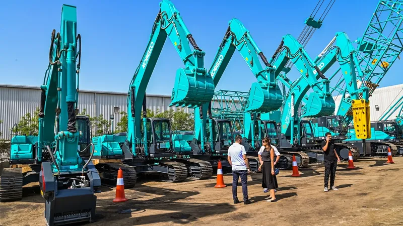 New equipment featuring KOBELCO excavators at Al Marwan Machinery's showroom in JAFZA, Dubai, UAE