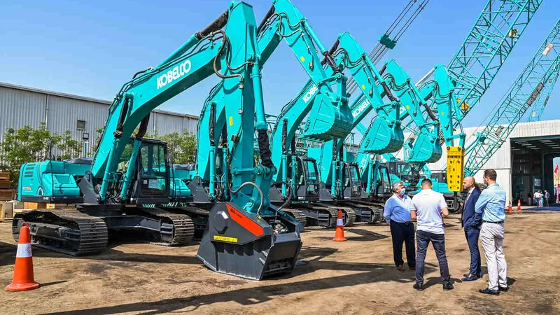 Multiple brand-new Kbelco excavators at Al Marwan’s yard ready for deployment