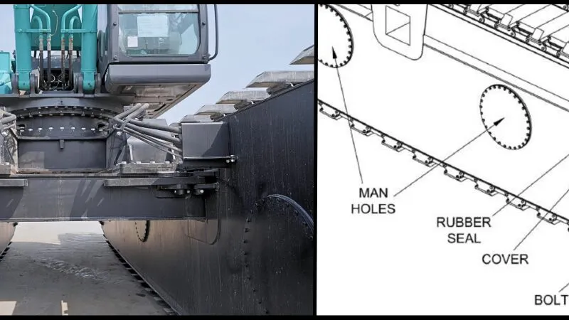 A view and diagram of the inner side of the pontoon showing the various covered manholes that provide easier access to the undercarriage’s inner components for easier maintenance