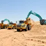 A number of Volvo articulated haulers and KOBELCO excavators in the heavy equipment rental fleet of Al Marwan Heavy Machinery