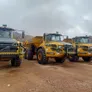 Lineup of Volvo A45G ADTs at NEOM site in Saudi Arabia