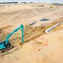 Kobelco SK380 long-boom excavator working in Sharjah, UAE