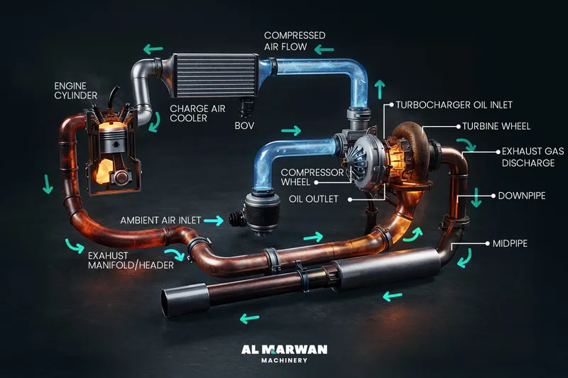 Turbocharging airflow dynamics—showing the progression from fresh ambient air intake (blue) to high-temperature exhaust gas routing (red/orange).