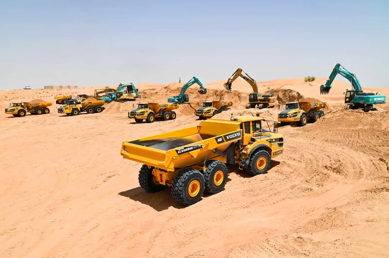 Al Marwan’s fleet of Volvo A40G dump trucks on Al Margham work site