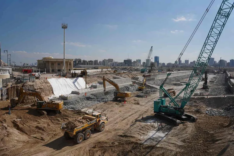 Al Marwan’s rental machinery fleet on a job site. Cranes, trucks, excavators, and more from renowned brands like CAT, Komatsu, Volvo, Kobelco, among others