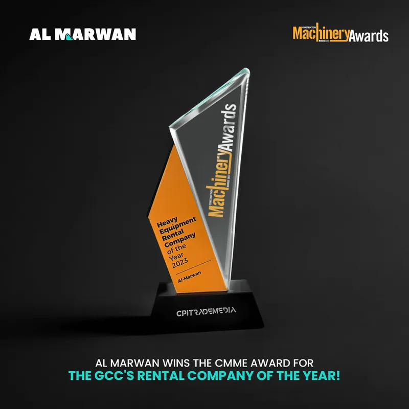 A picture of the award received by Al Marwan Heavy Machinery as winner of the category best equipment rental company of the year this CMME Awards 2023