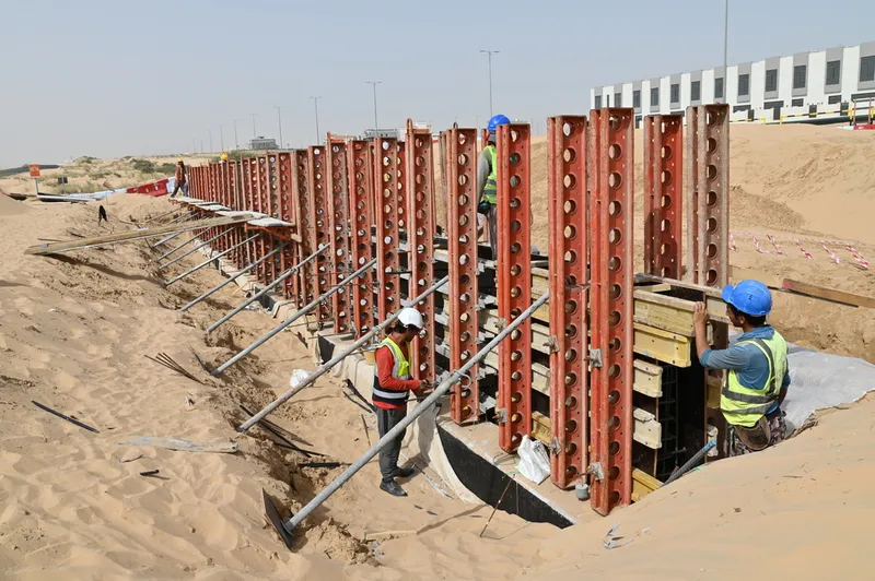 A picture of the sheet piles used to support various infrastructure zones at Masaar by Arada as implemented by Al Marwan Machinery