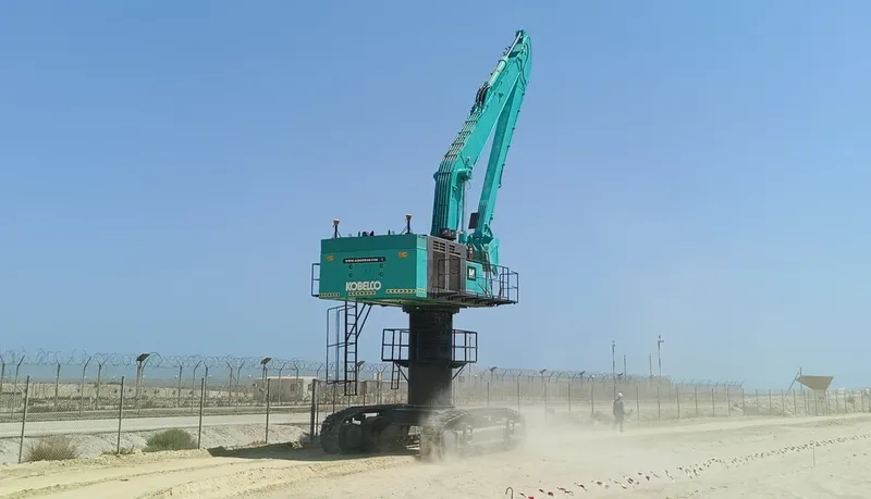 Customized elevated cabin Kobelco excavators (high-bed excavator) as part of our Saudi rental fleet on a job site in Dammam
