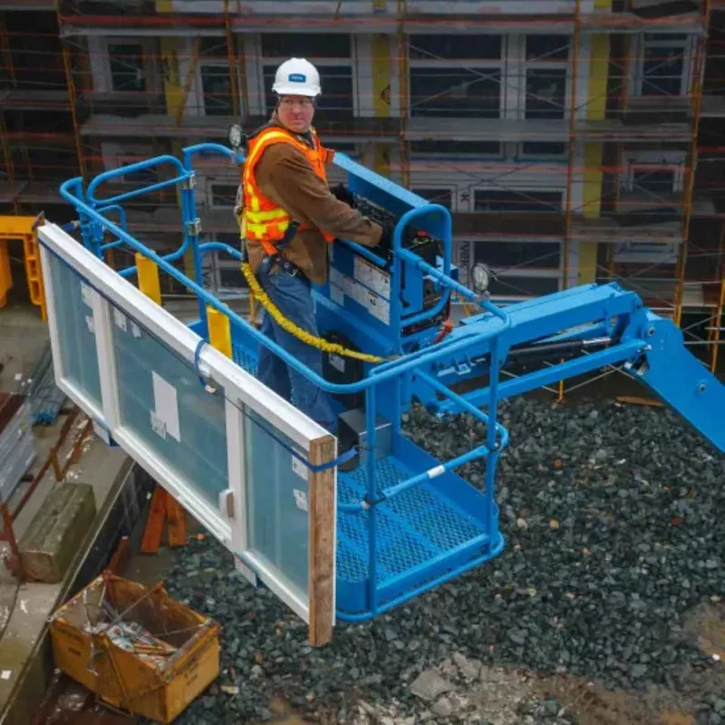 Glass panel cradle mounted on a boom lift platform