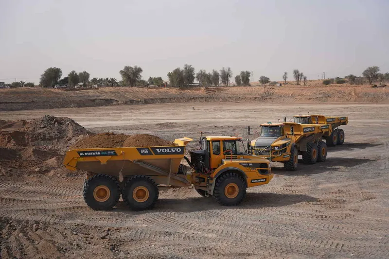 Multiple Volvo A40G units on site as part of Al Marwan’s rental fleet