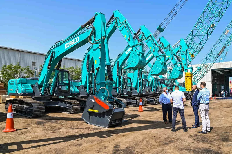 Multiple brand-new Kbelco excavators at Al Marwan’s yard ready for deployment
