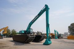 Kobelco SK380 Amphibious Long Boom Excavator front right view